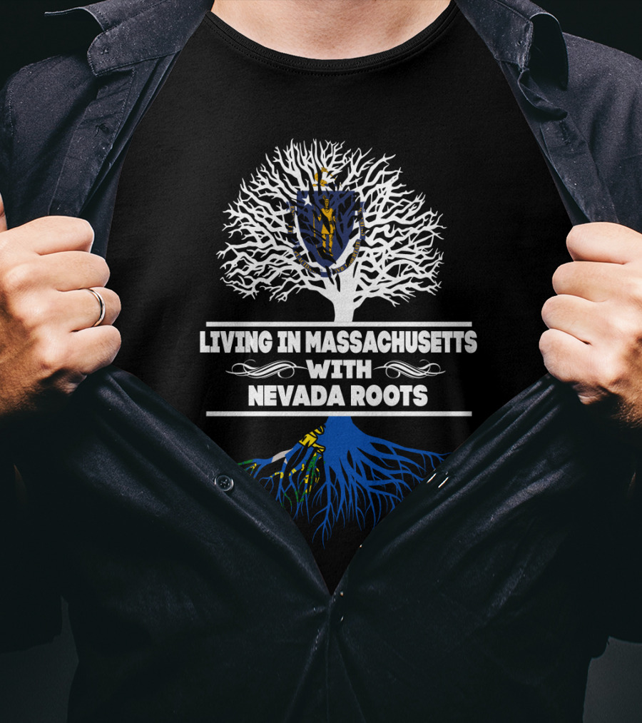 Massachusetts Living Nevada Roots Tree Design With State Flag Elements T-Shirt
