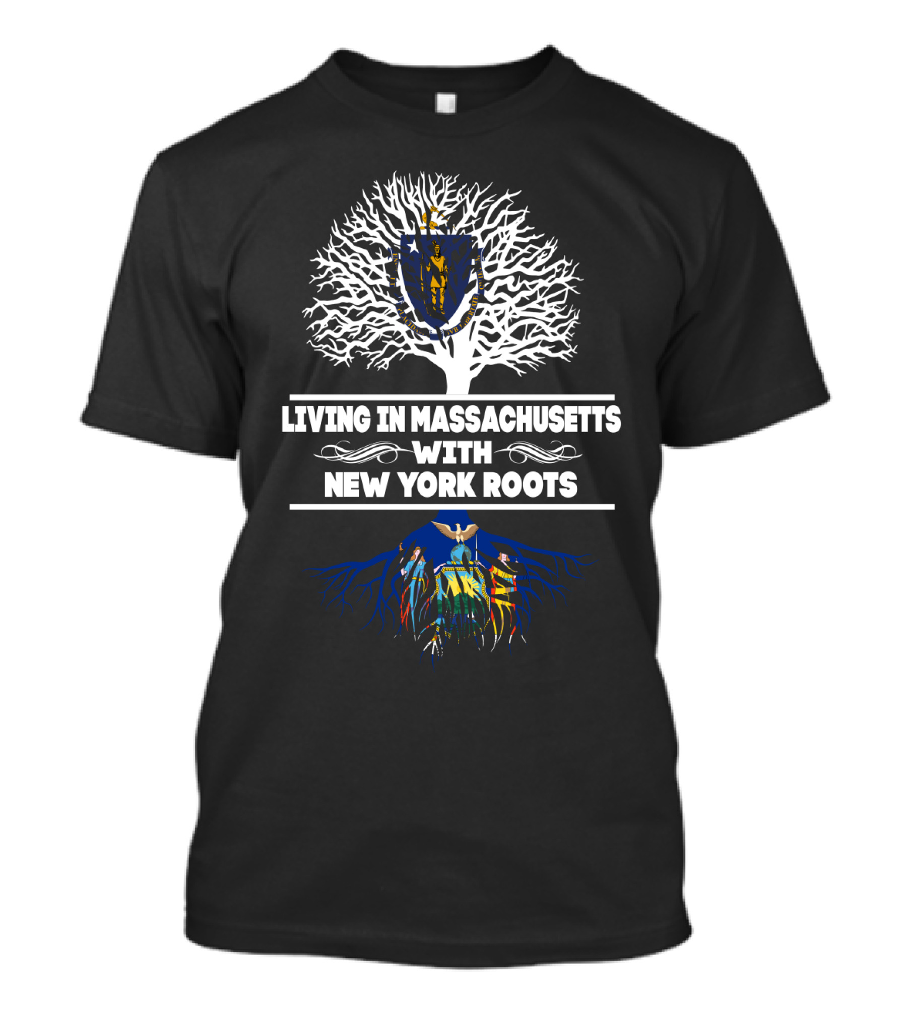 Massachusetts Living With New York Roots Symbolized By State Captions And Flag Elements T-Shirt
