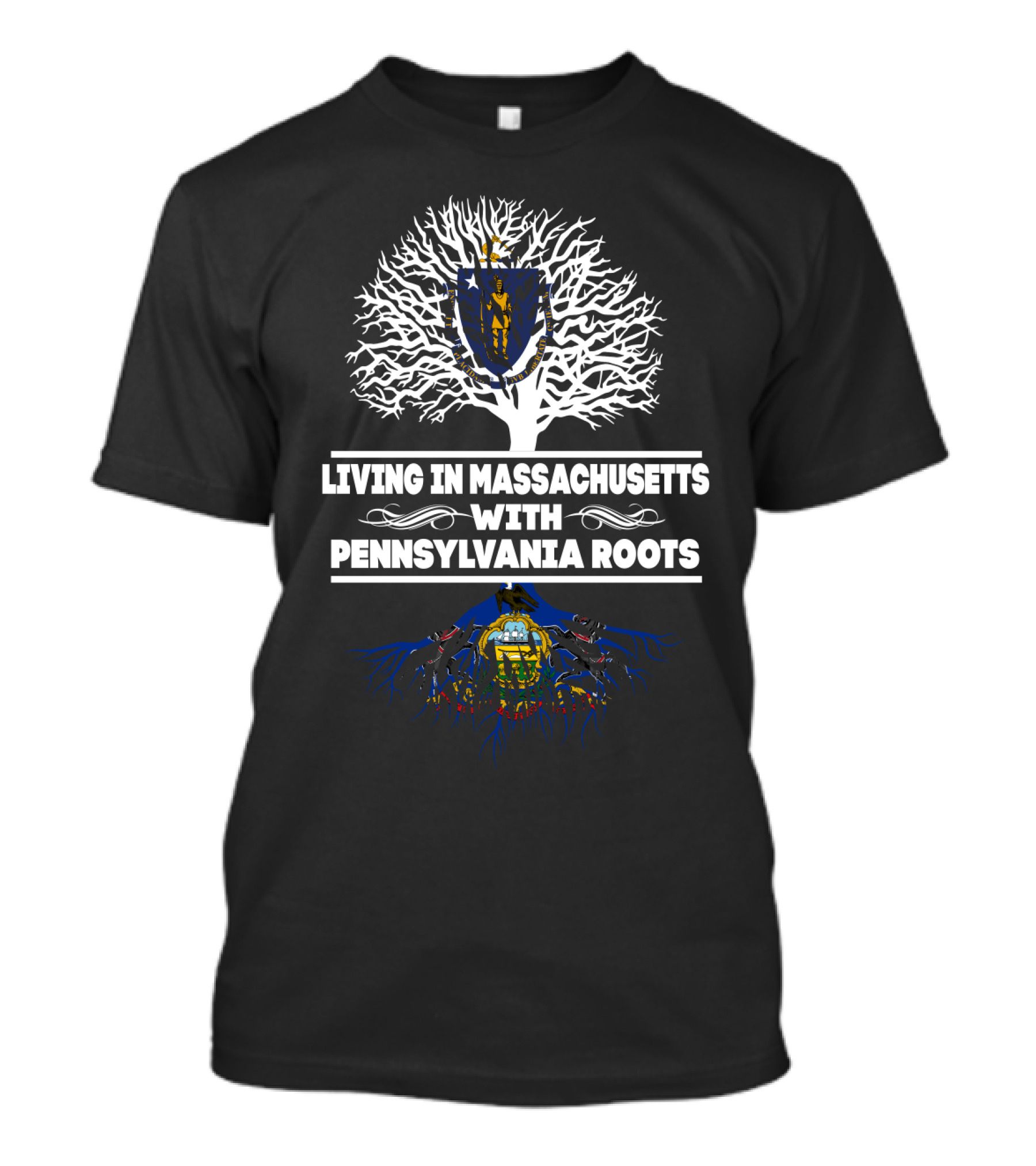 Massachusetts Living Pennsylvania Roots With State Symbols And Tree T-Shirt