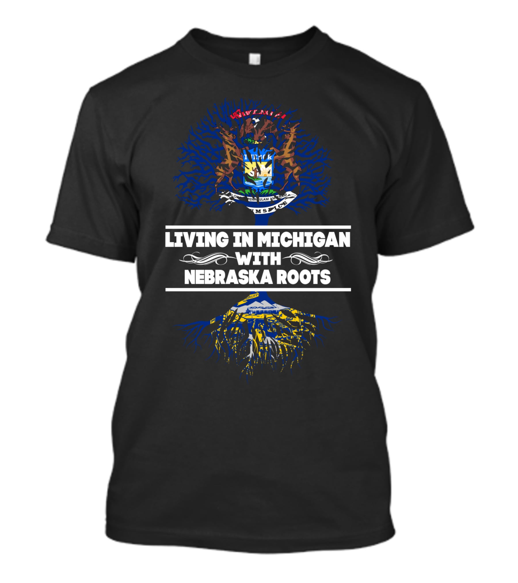 Living In Michigan With Nebraska Roots Featuring State Seal And Tree T-Shirt