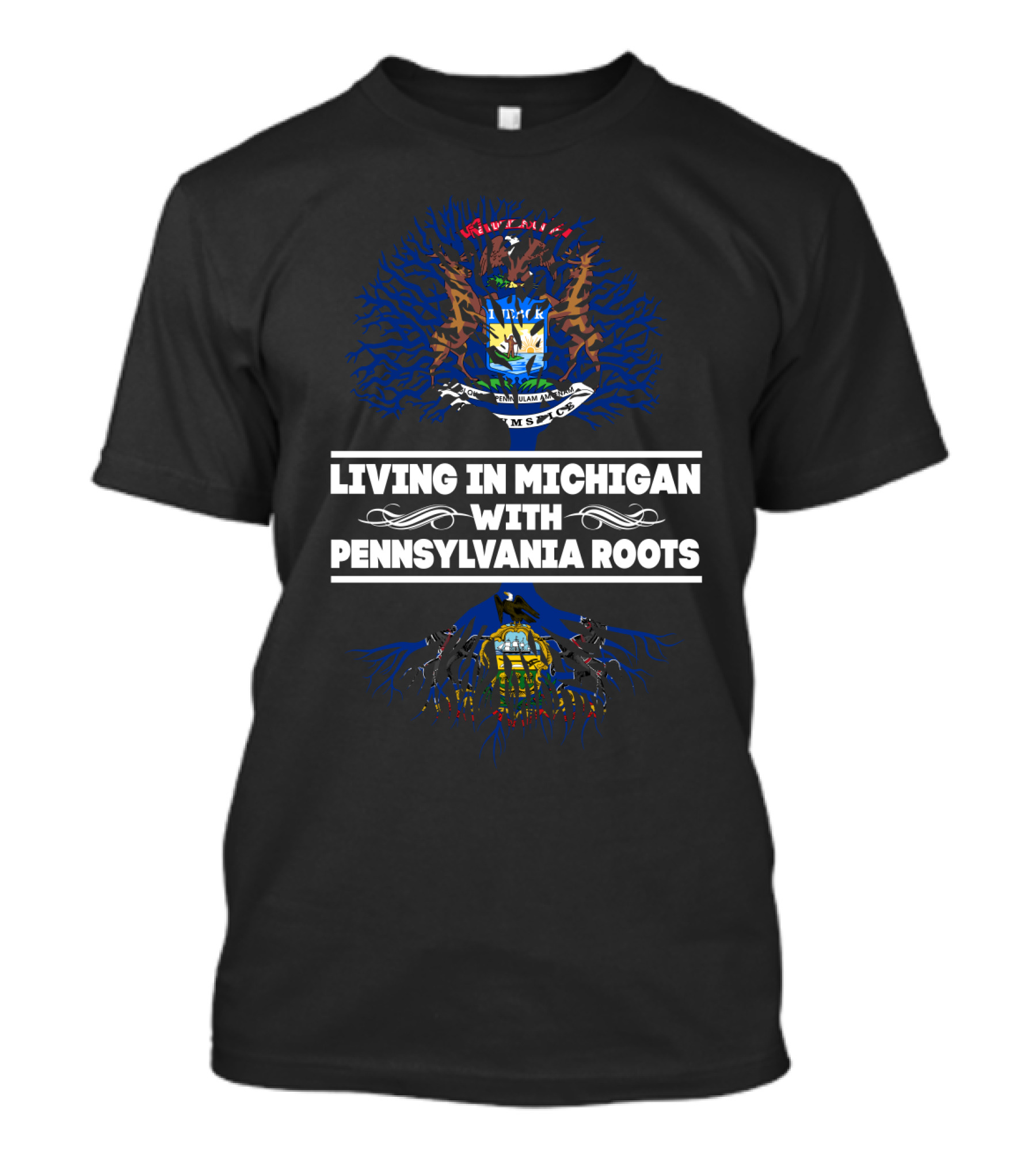 Michigan Pride With Pennsylvania Heritage Graphic Featuring State Crests And Tree Roots T-Shirt