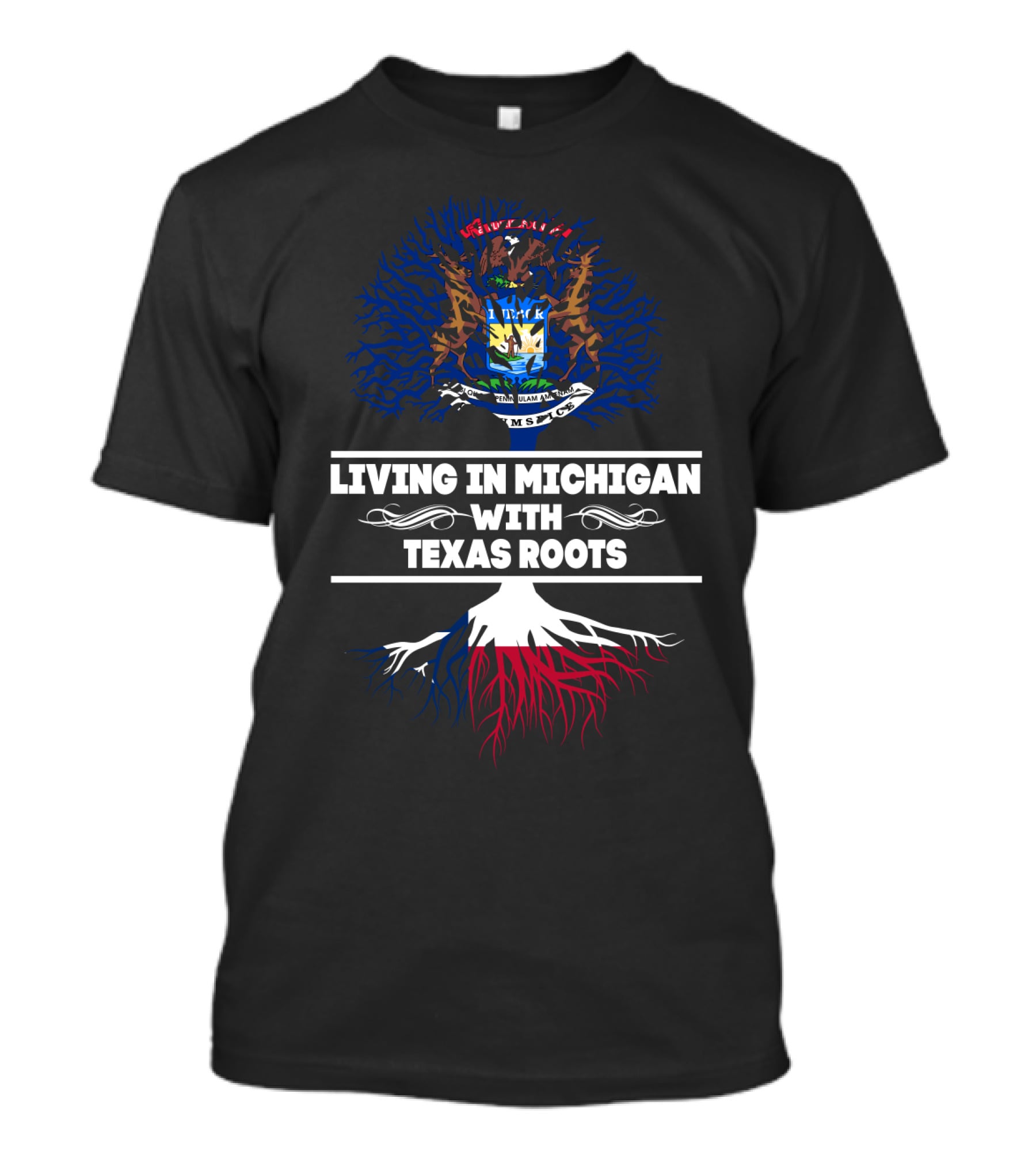 Living In Michigan With Texas Roots Embracing Blue And Red Tree Of Life And Michigan State Crest T-Shirt