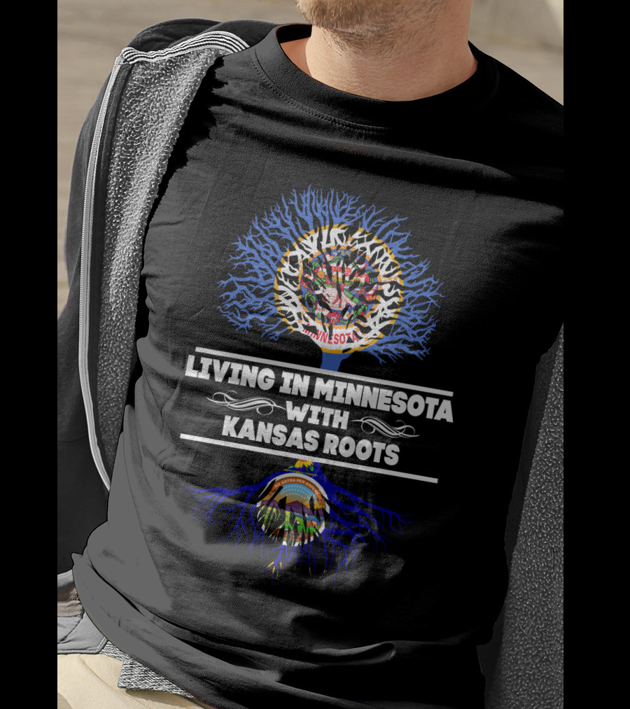 Minnesota Living With Deep Kansas Roots Featuring State Flags And Tree Symbolism T-Shirt