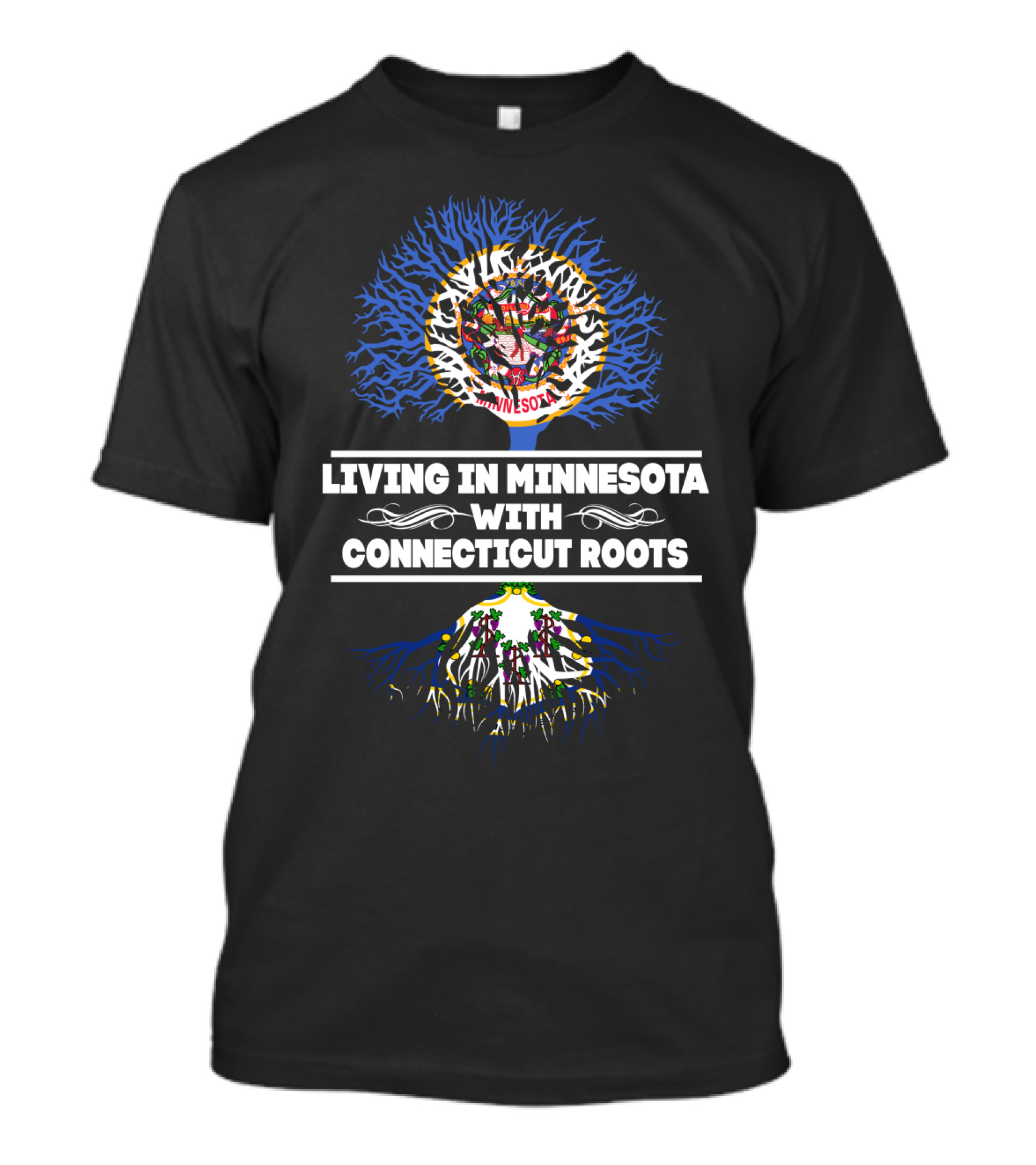 Living In Minnesota With Connecticut Roots Featuring State Seals On Tree T-Shirt