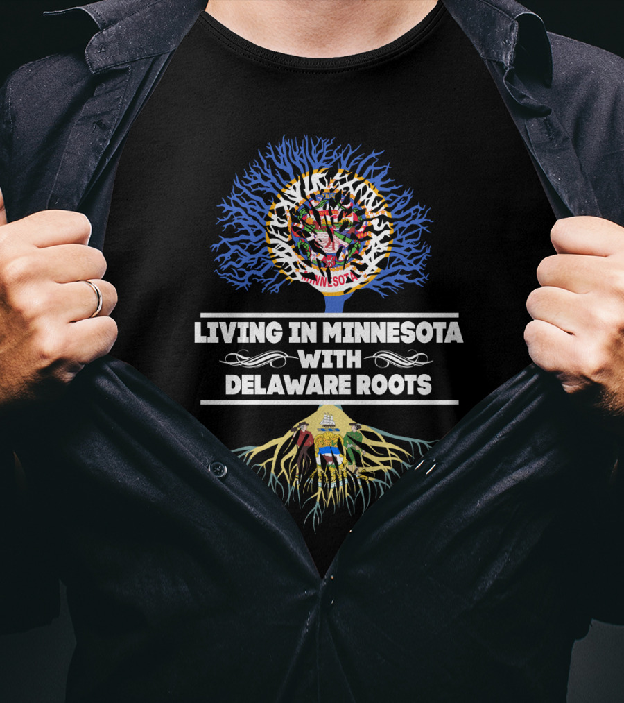 Minnesota Living With Deep Delaware Roots Tree Design Featuring State Symbols T-Shirt