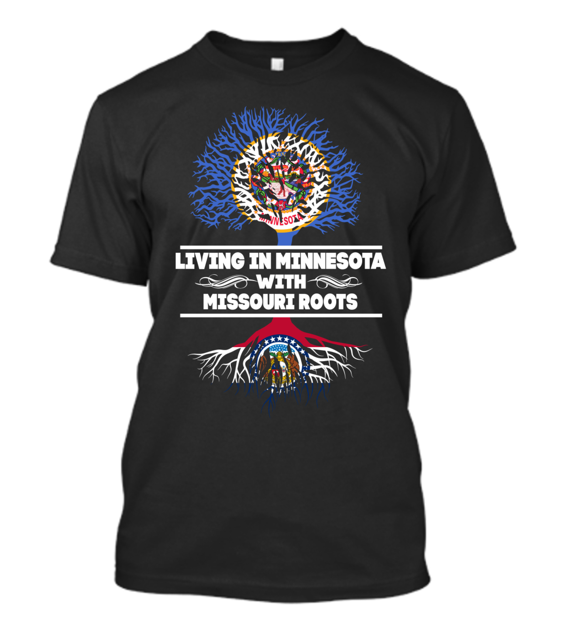 Living In Minnesota With Missouri Roots Tree Design Featuring Minnesota And Missouri State Flags T-Shirt