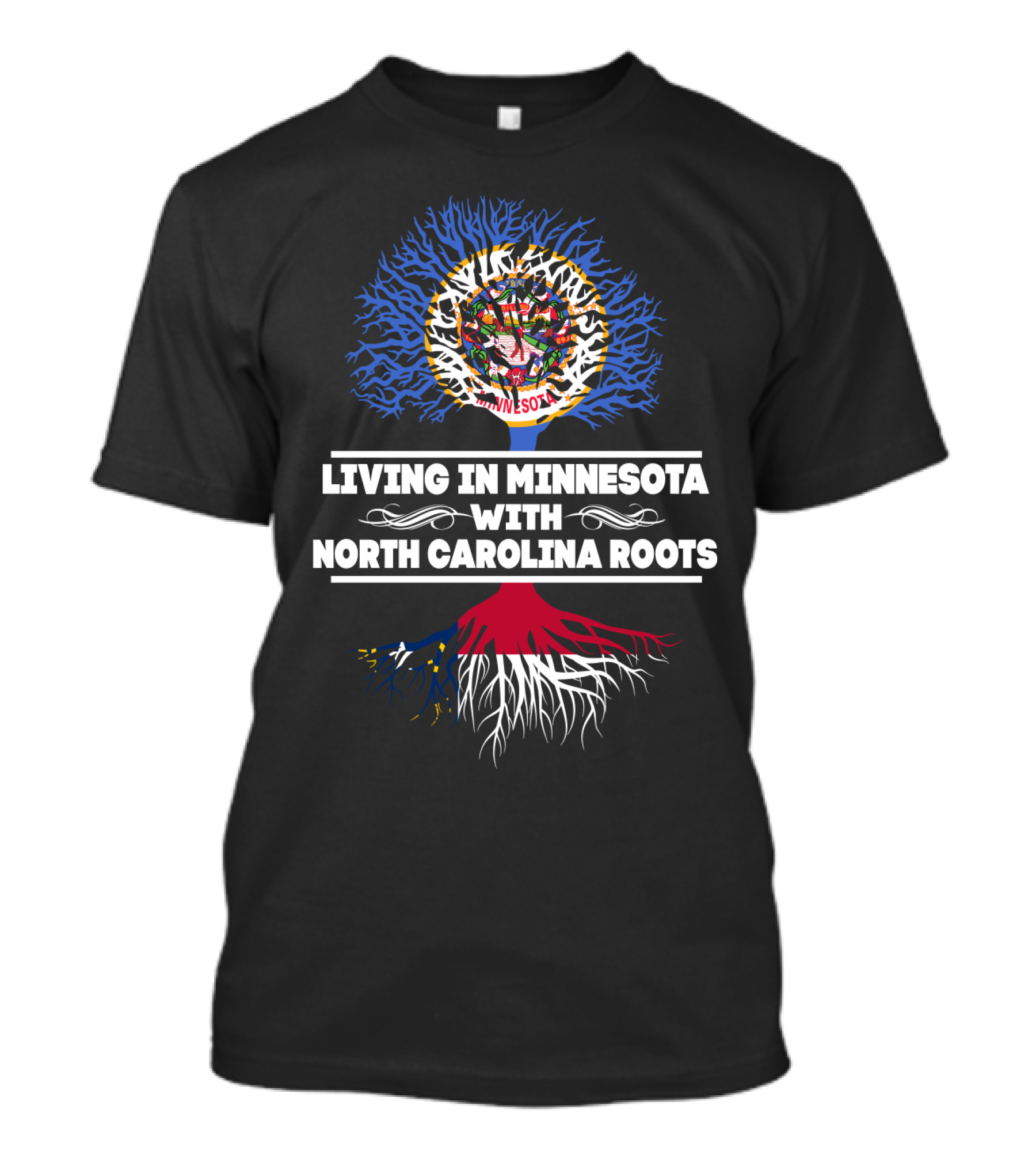Minnesota Living With North Carolina Roots Tree Design Featuring State Symbols T-Shirt