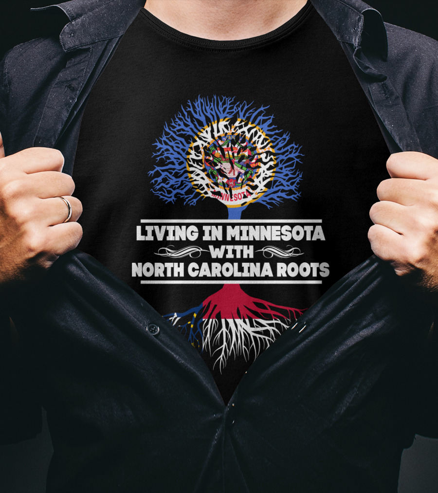 Minnesota Living With North Carolina Roots Tree Design Featuring State Symbols T-Shirt