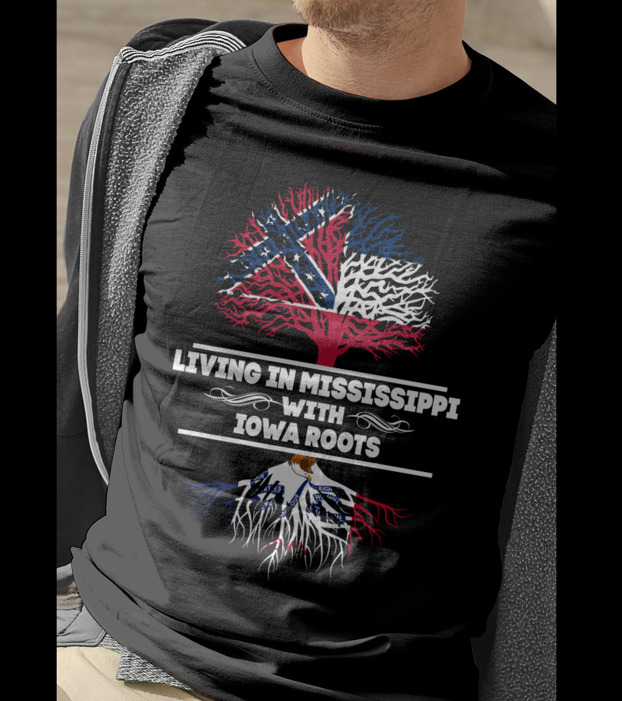 Living In Mississippi With IOWA Roots Flag-Themed Tree T-Shirt
