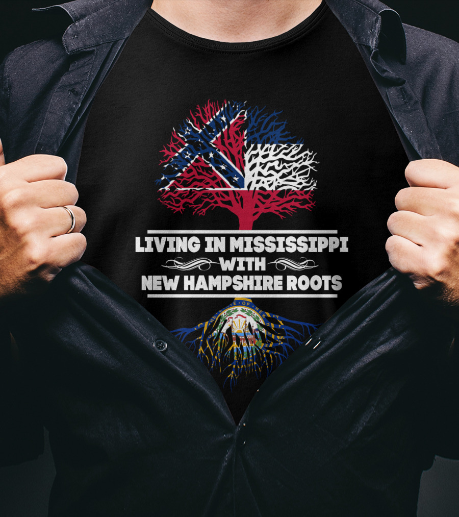 Living In Mississippi With New Hampshire Roots Featuring Mississippi Flag And New Hampshire Seal T-Shirt