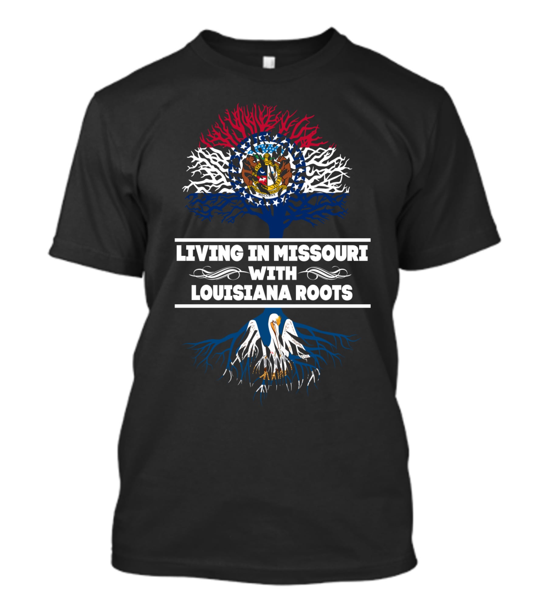 Missouri And Louisiana Heritage Tree Symbol With State Flags T-Shirt