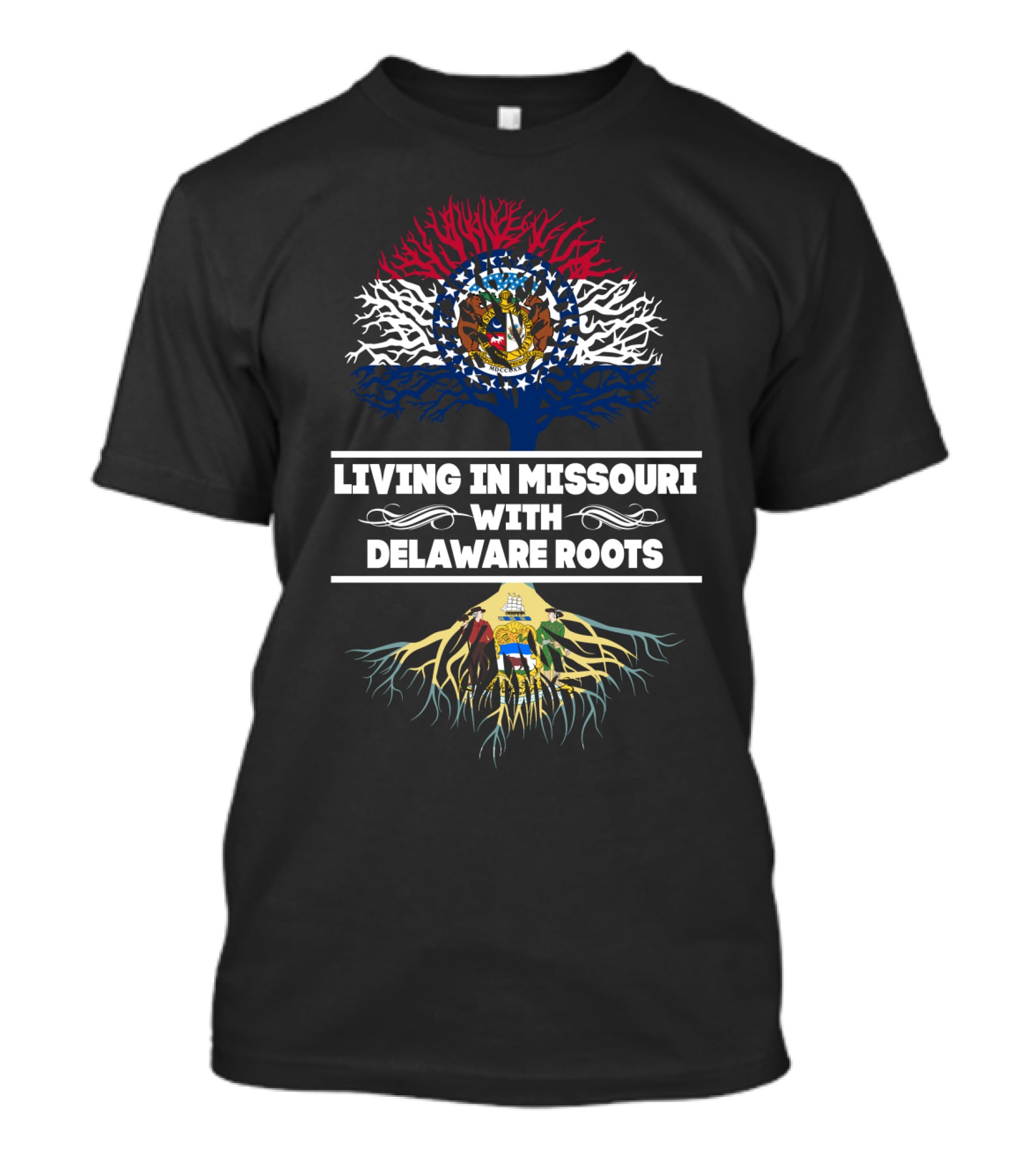 Missouri Living With Delaware Roots State Flags And Tree T-Shirt