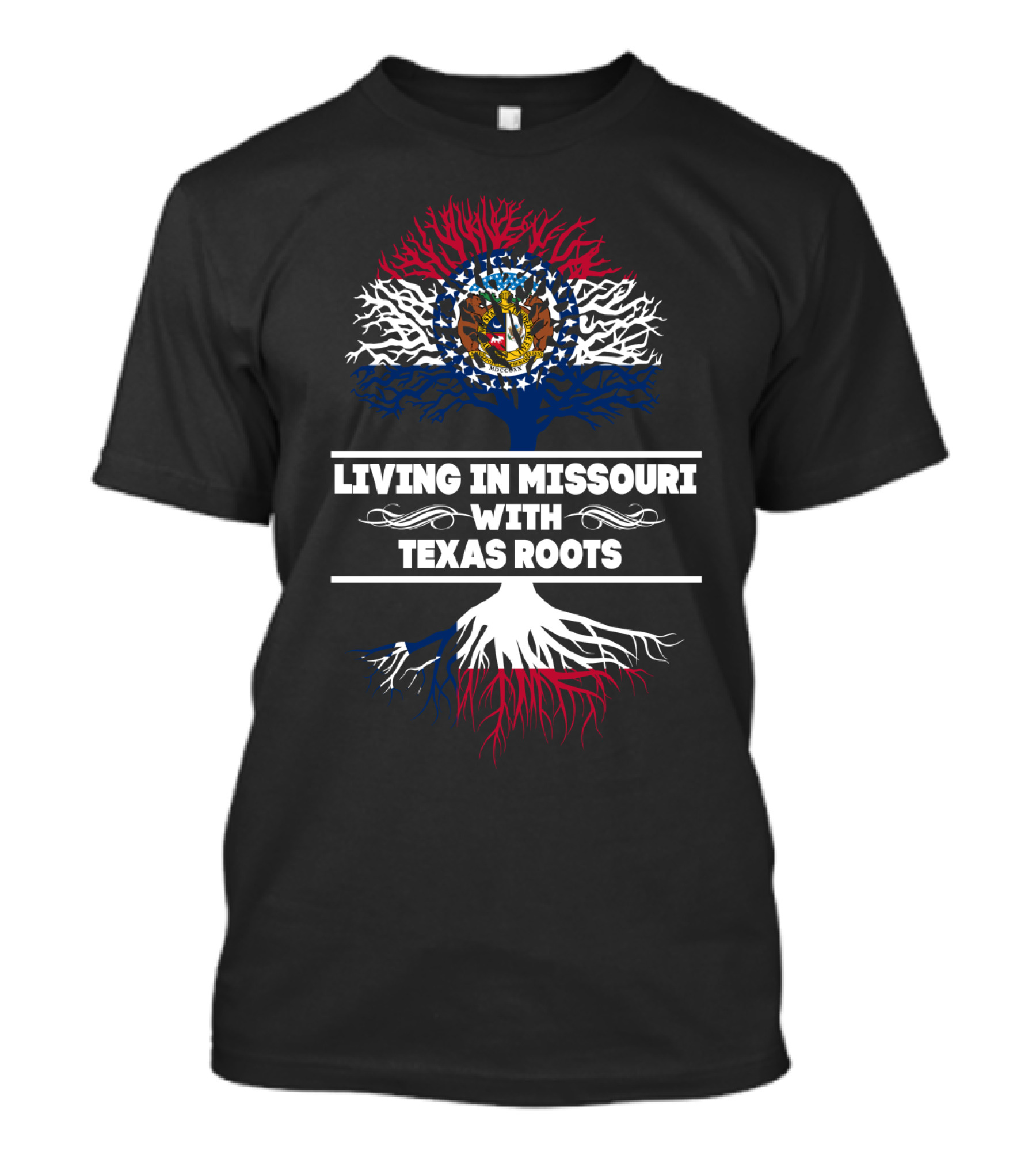 Living In Missouri With Texas Roots Missouri Flag Tree T-Shirt