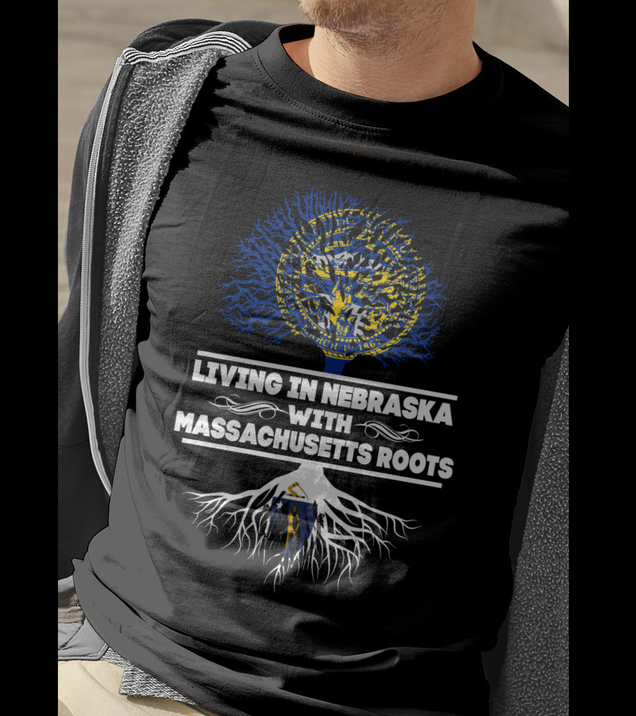 Nebraska Living With Massachusetts Roots Featuring State Seals And Tree T-Shirt