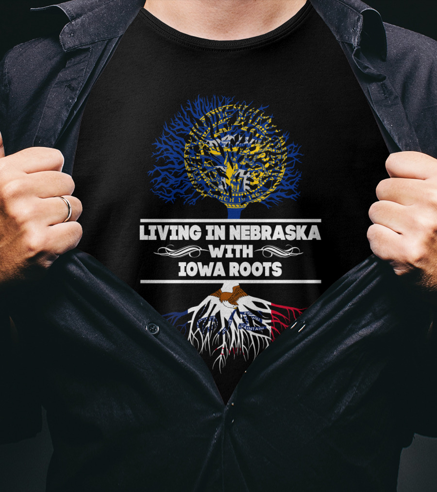 Nebraska Living With Iowa Roots Featuring State Seals And Tree T-Shirt