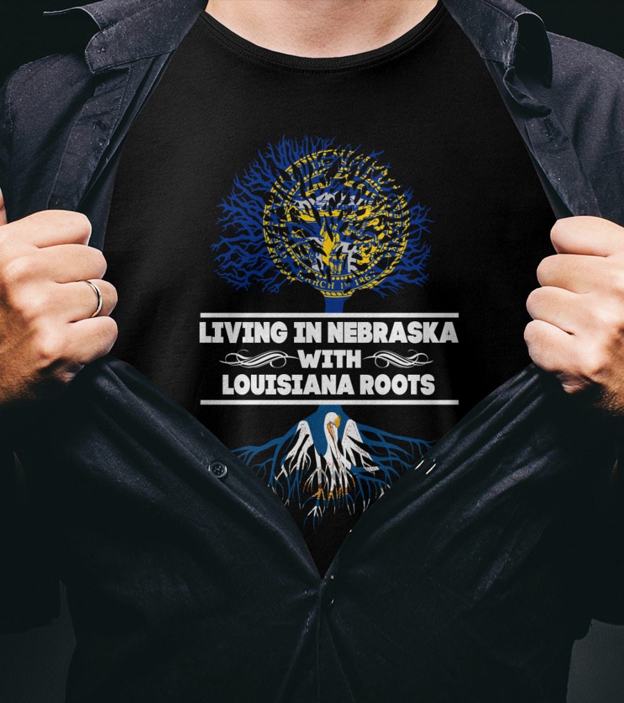 Nebraska Seal Tree Symbolism With Louisiana Heritage Pelican Roots T-Shirt