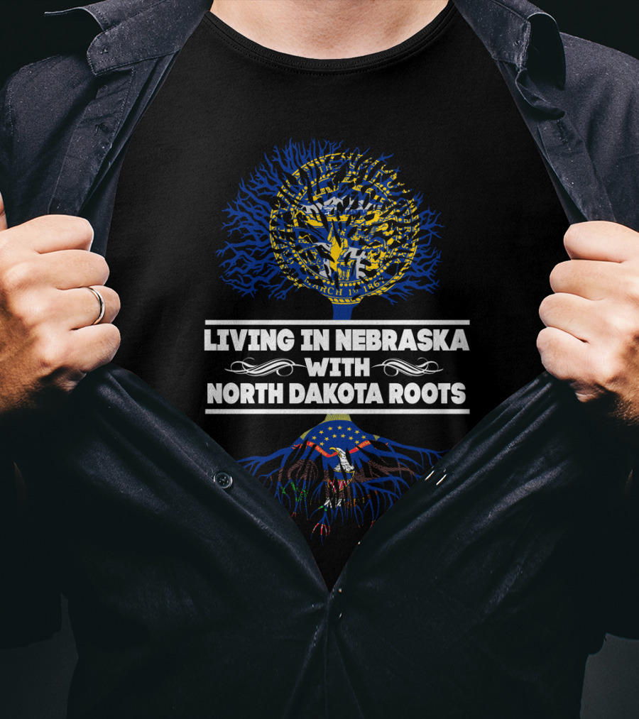 Nebraska Living Embracing North Dakota Heritage With State Map And Tree Symbolism T-Shirt