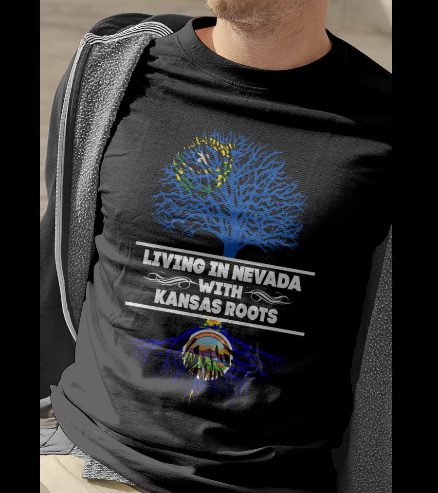 Living In Nevada With Kansas Roots Flag Tree And State Seal Elements T-Shirt