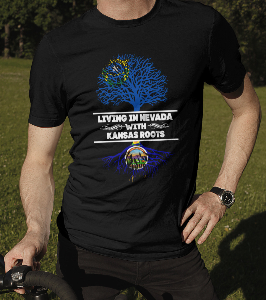 Living In Nevada With Kansas Roots Flag Tree And State Seal Elements T-Shirt