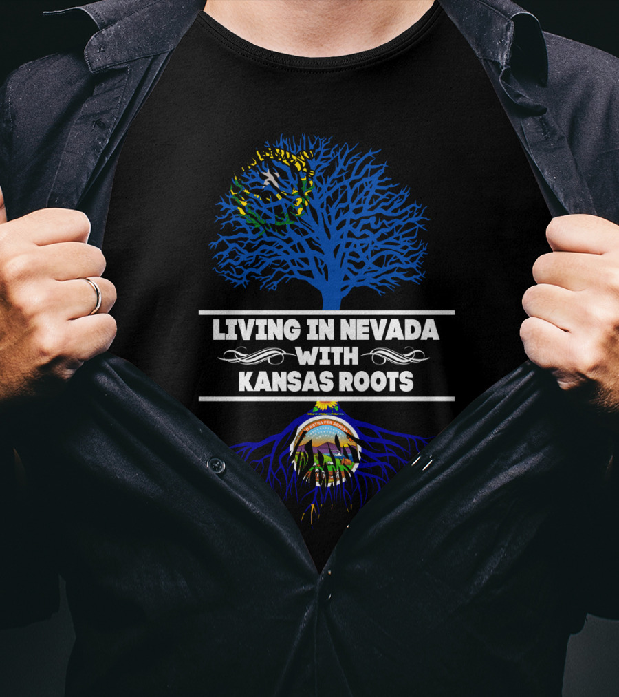 Living In Nevada With Kansas Roots Flag Tree And State Seal Elements T-Shirt