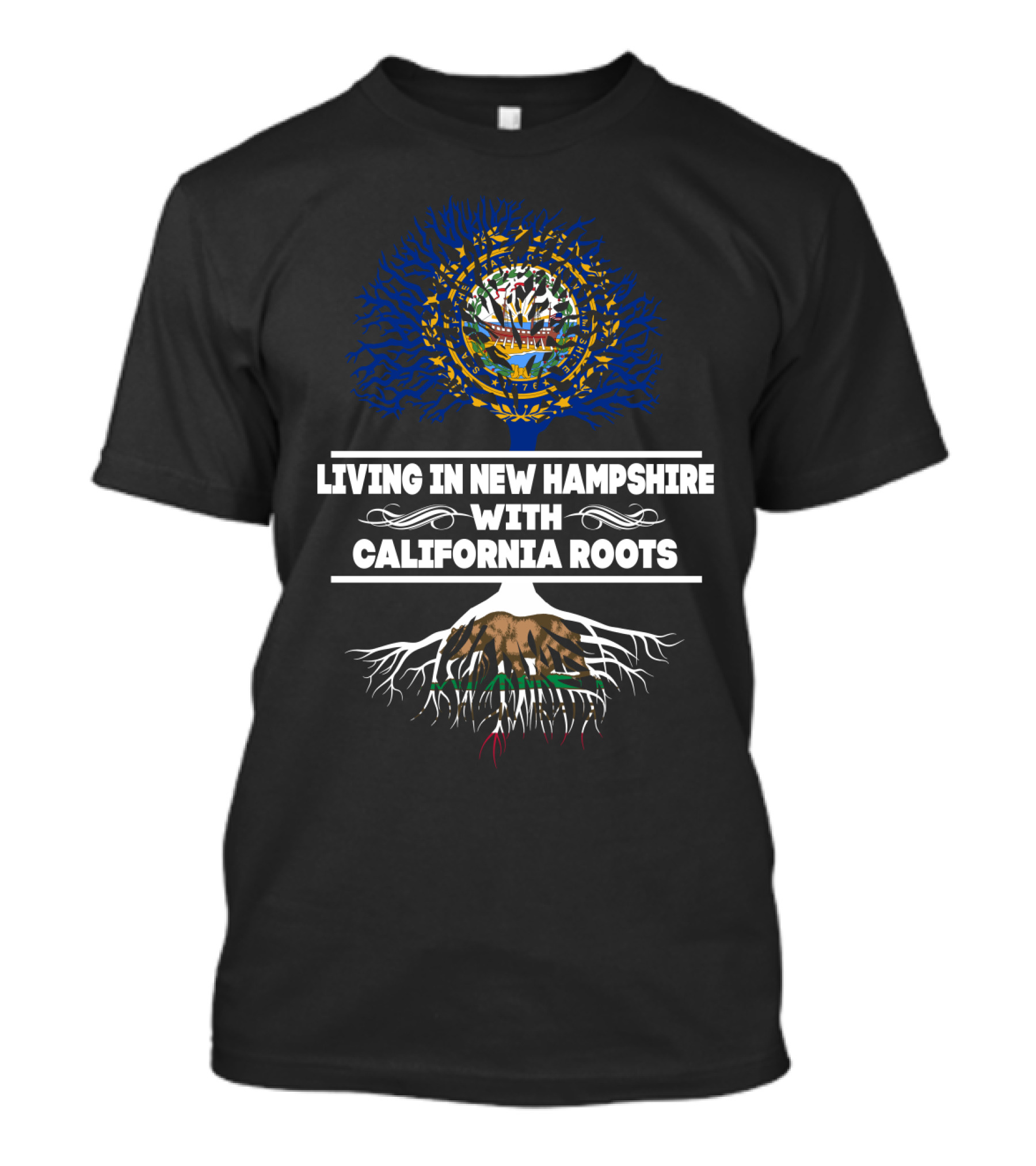 Living In New Hampshire With California Roots Featuring New Hampshire State Seal And California Bear Tree T-Shirt