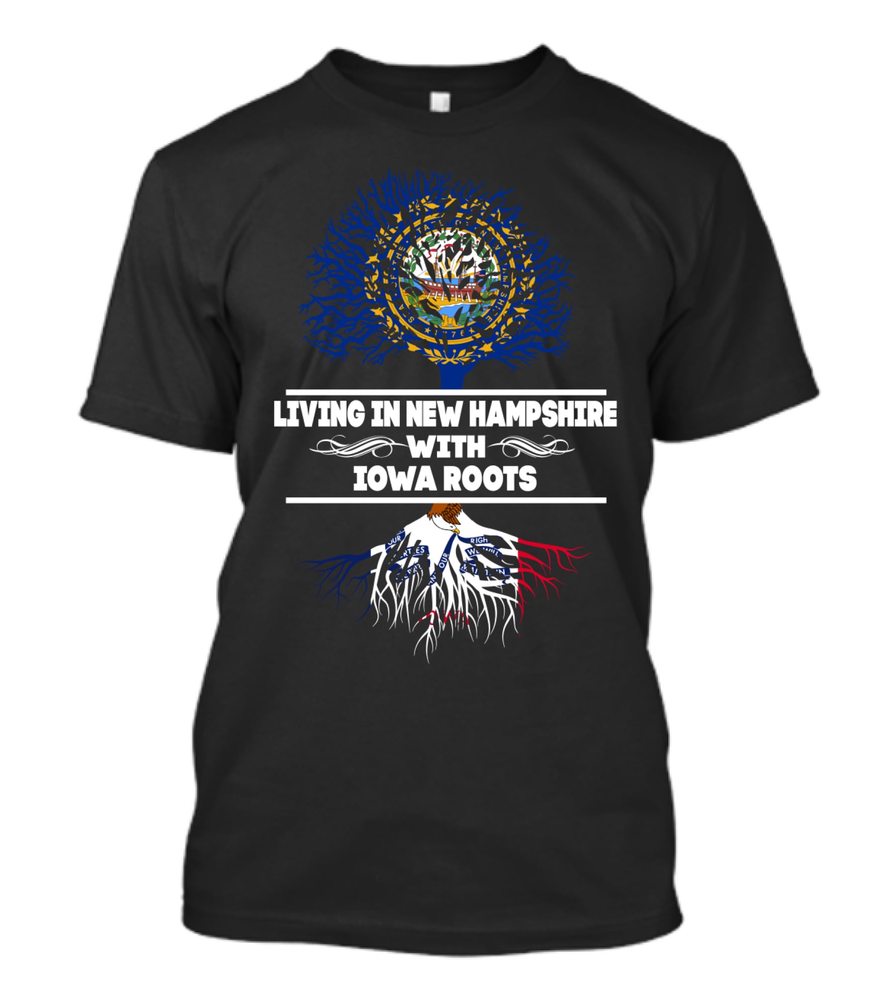 New Hampshire And Iowa Connection Featuring State Flags And Tree Roots T-Shirt