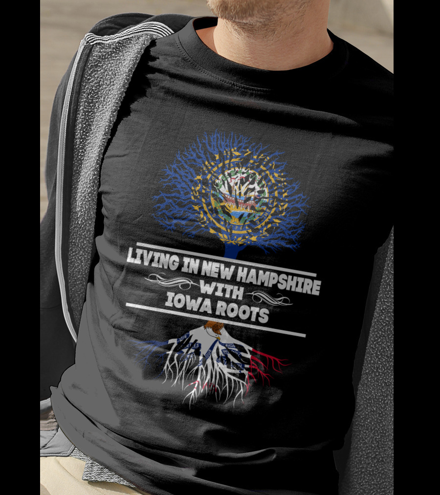 New Hampshire And Iowa Connection Featuring State Flags And Tree Roots T-Shirt