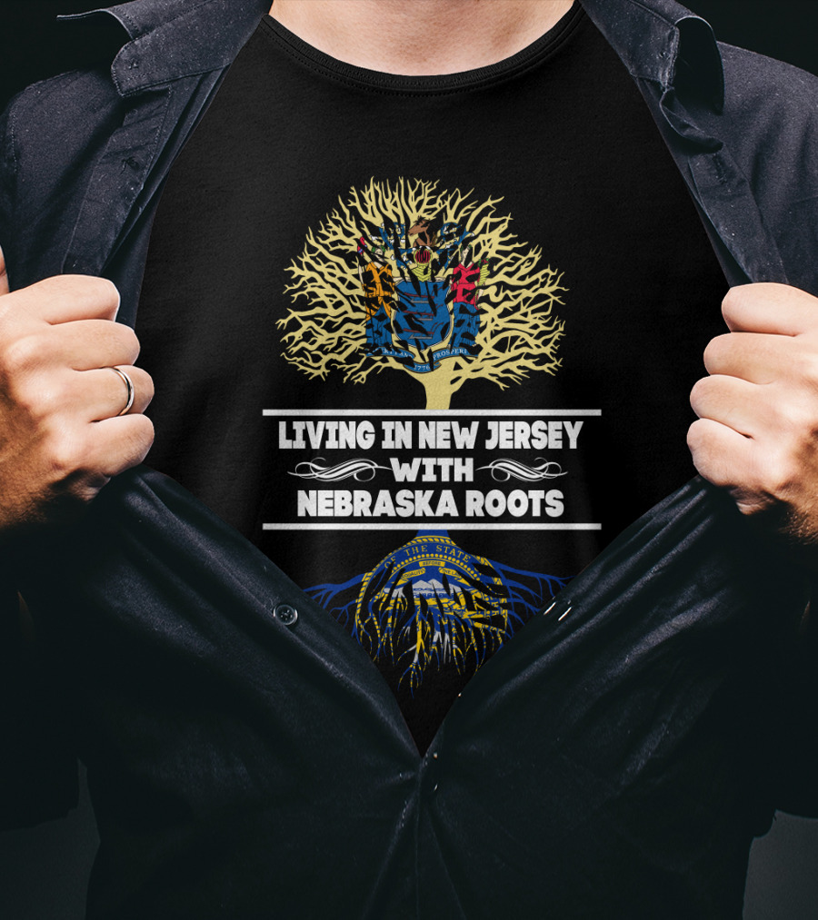 Living In New Jersey With Nebraska Roots Tree Art Featuring State Seals T-Shirt