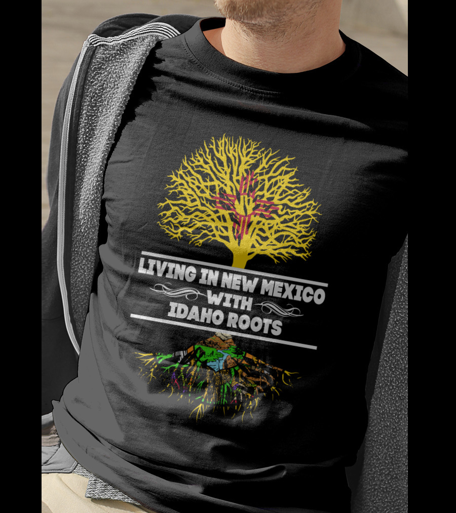 Living In New Mexico With IDAHO Roots Zia Symbol Tree And Gem State Landscape T-Shirt