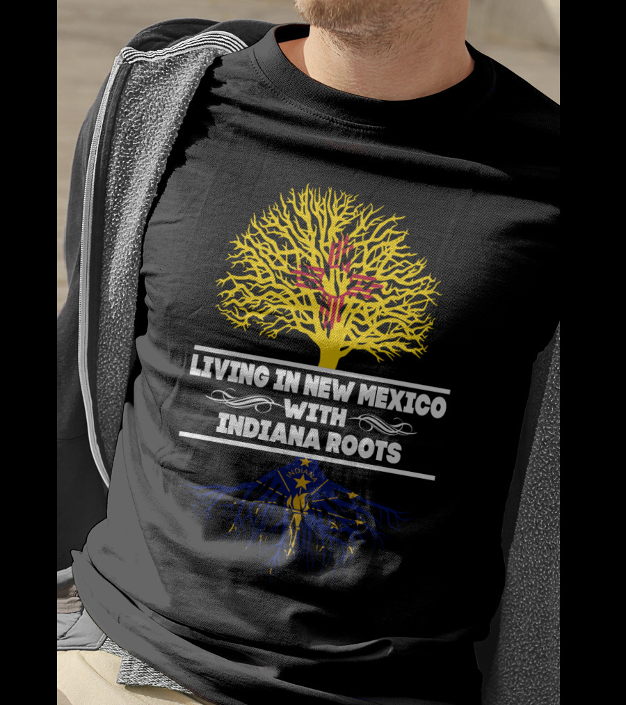 Living In New Mexico With Indiana Roots Featuring Zia Symbol And Torch Motif T-Shirt