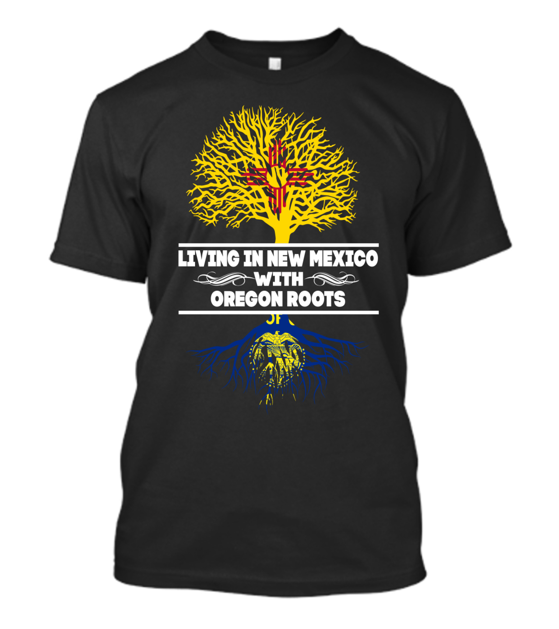 Living In New Mexico With Oregon Roots Zia Symbol Yellow Tree Blue Roots T-Shirt
