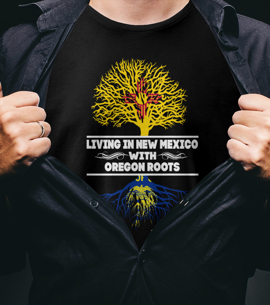 Living In New Mexico With Oregon Roots Zia Symbol Yellow Tree Blue Roots T-Shirt