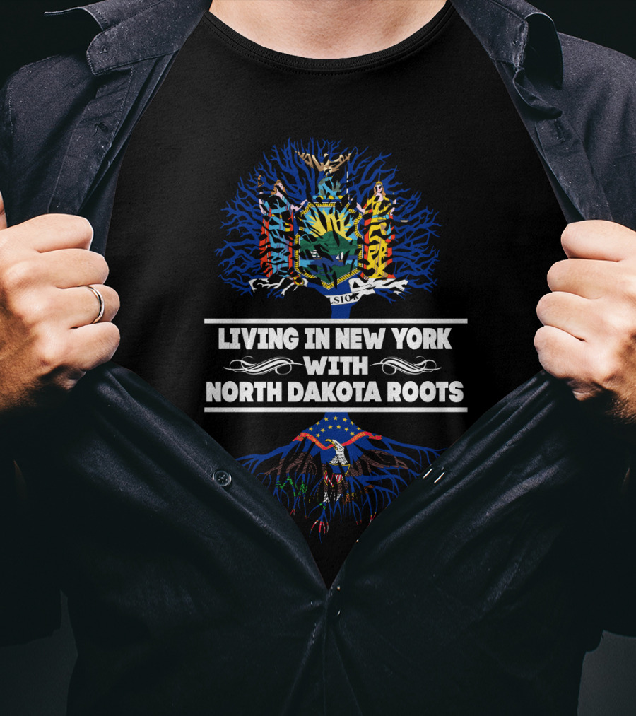Living In New York Depicting State Seal Embracing North Dakota Roots With Bald Eagle Symbolism T-Shirt