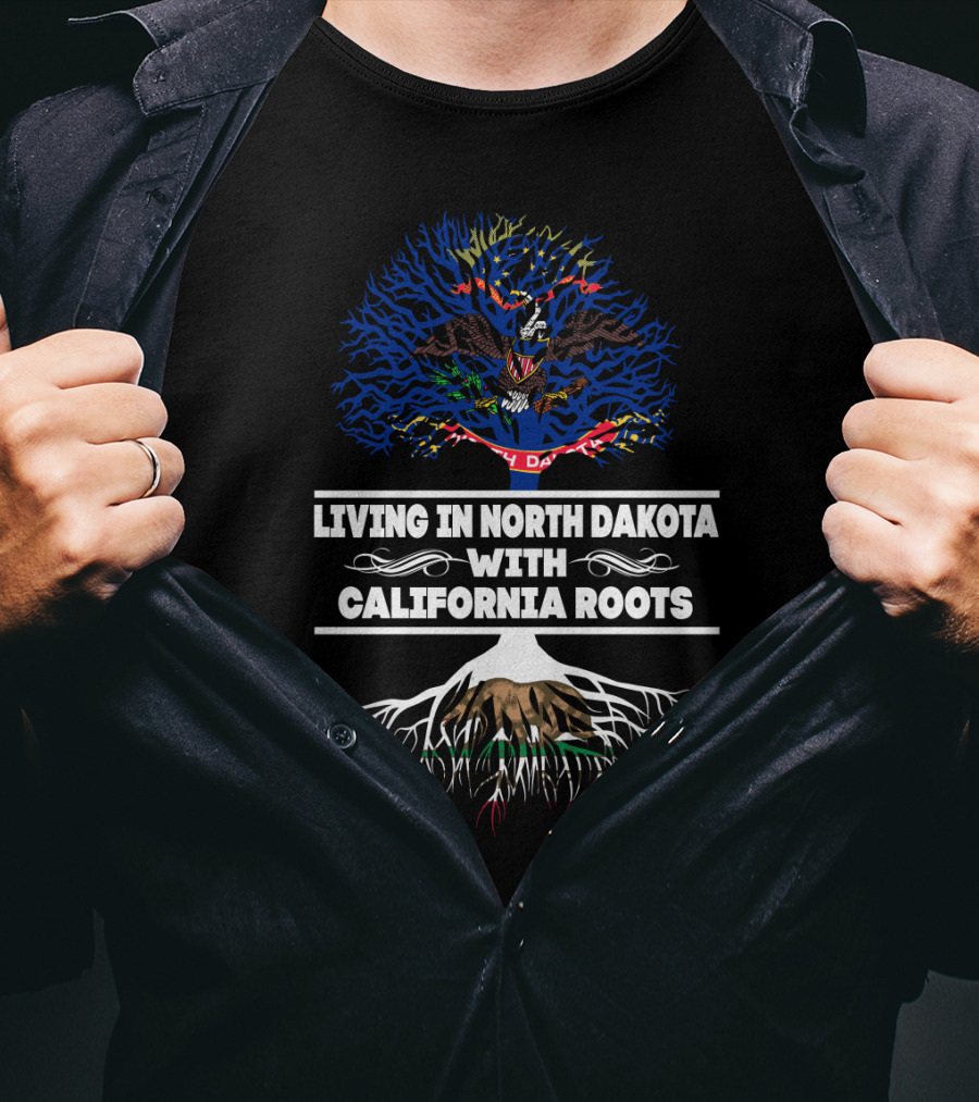 Living In North Dakota With California Roots North Dakota Flag And California Bear Tree T-Shirt