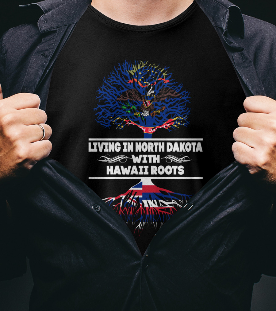 North Dakota Living With Hawaiian Roots Tree Design Featuring State Flag Elements T-Shirt