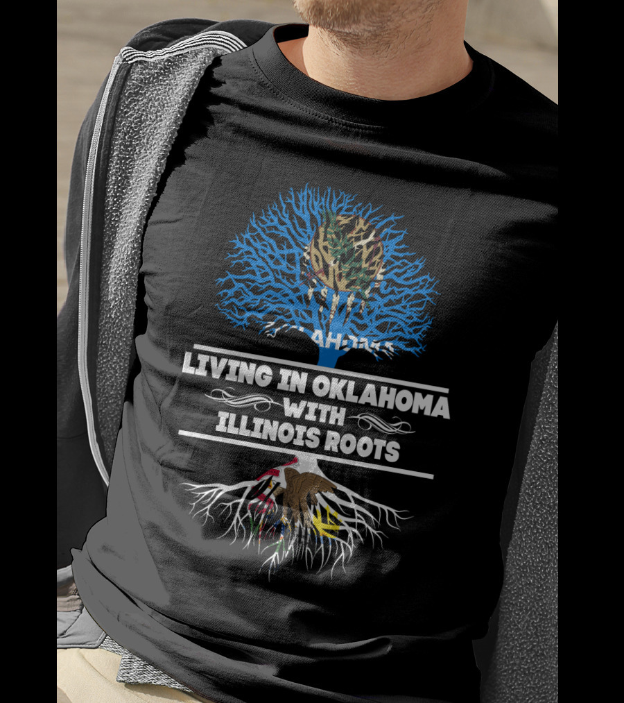 Living In Oklahoma With Illinois Roots Tree Graphic State Pride T-Shirt