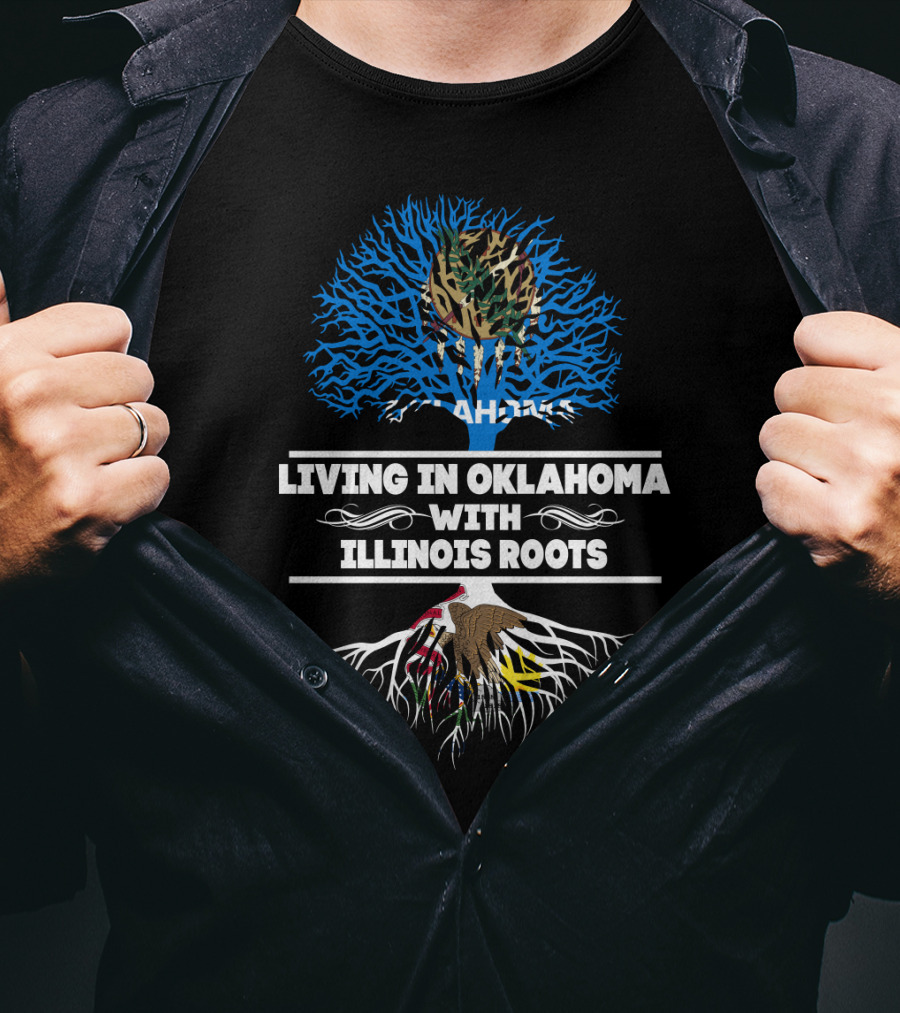 Living In Oklahoma With Illinois Roots Tree Graphic State Pride T-Shirt