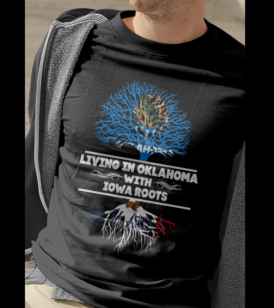 Living In Oklahoma With Iowa Roots Camouflage Tree Blue Sky Background T-Shirt