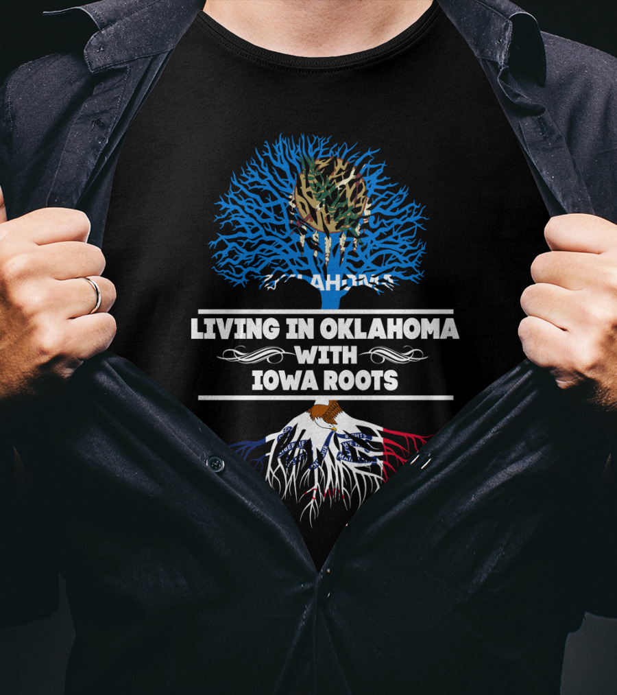 Living In Oklahoma With Iowa Roots Camouflage Tree Blue Sky Background T-Shirt