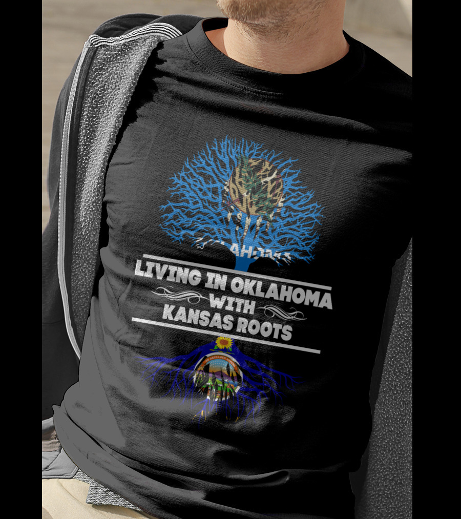 Living In Oklahoma With Kansas Roots Tree Design Featuring State Symbols T-Shirt