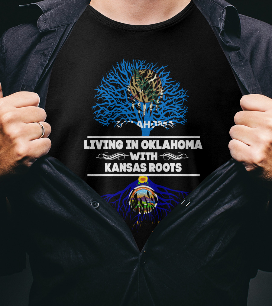 Living In Oklahoma With Kansas Roots Tree Design Featuring State Symbols T-Shirt