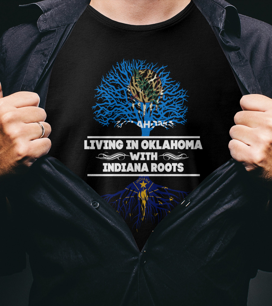 Oklahoma Living With Indiana Roots Tree Design Featuring State Symbols T-Shirt