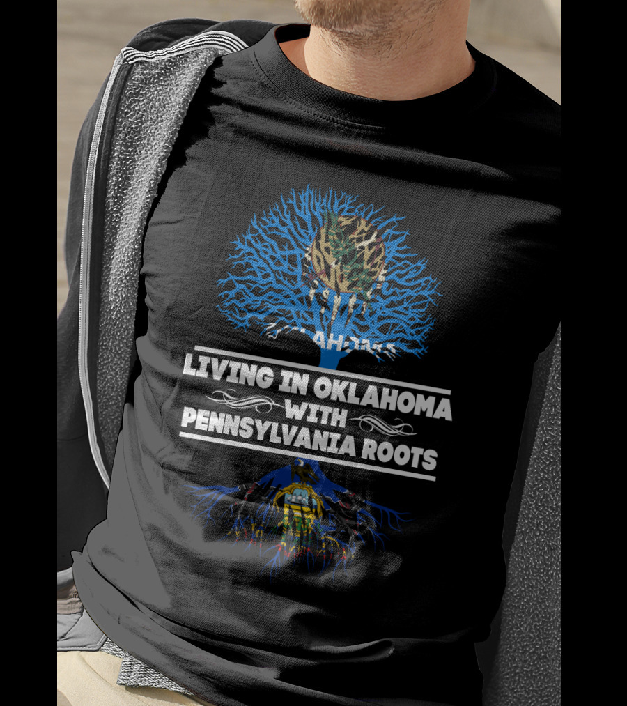 Oklahoma Living Pennsylvania Roots Blue Tree With Camo Top And Pennsylvania State Symbols T-Shirt
