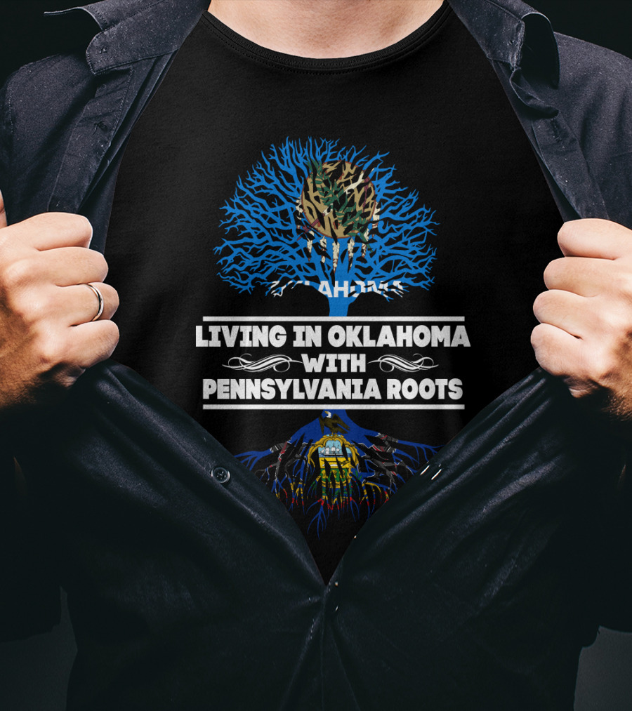 Oklahoma Living Pennsylvania Roots Blue Tree With Camo Top And Pennsylvania State Symbols T-Shirt