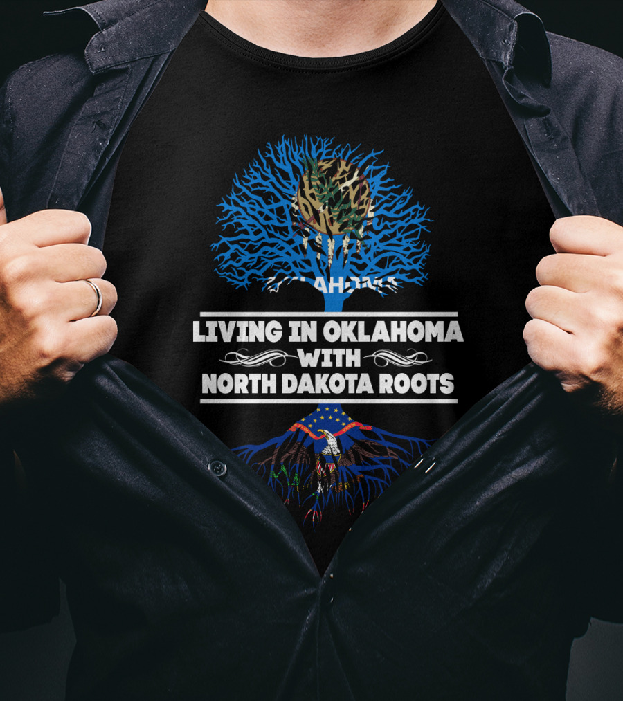 Living In Oklahoma With North Dakota Roots And Blue Tree With Bald Eagle Image T-Shirt