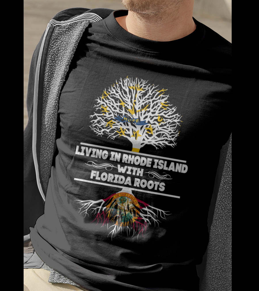 Rhode Island Living Florida Roots Tree Design With State Flags T-Shirt