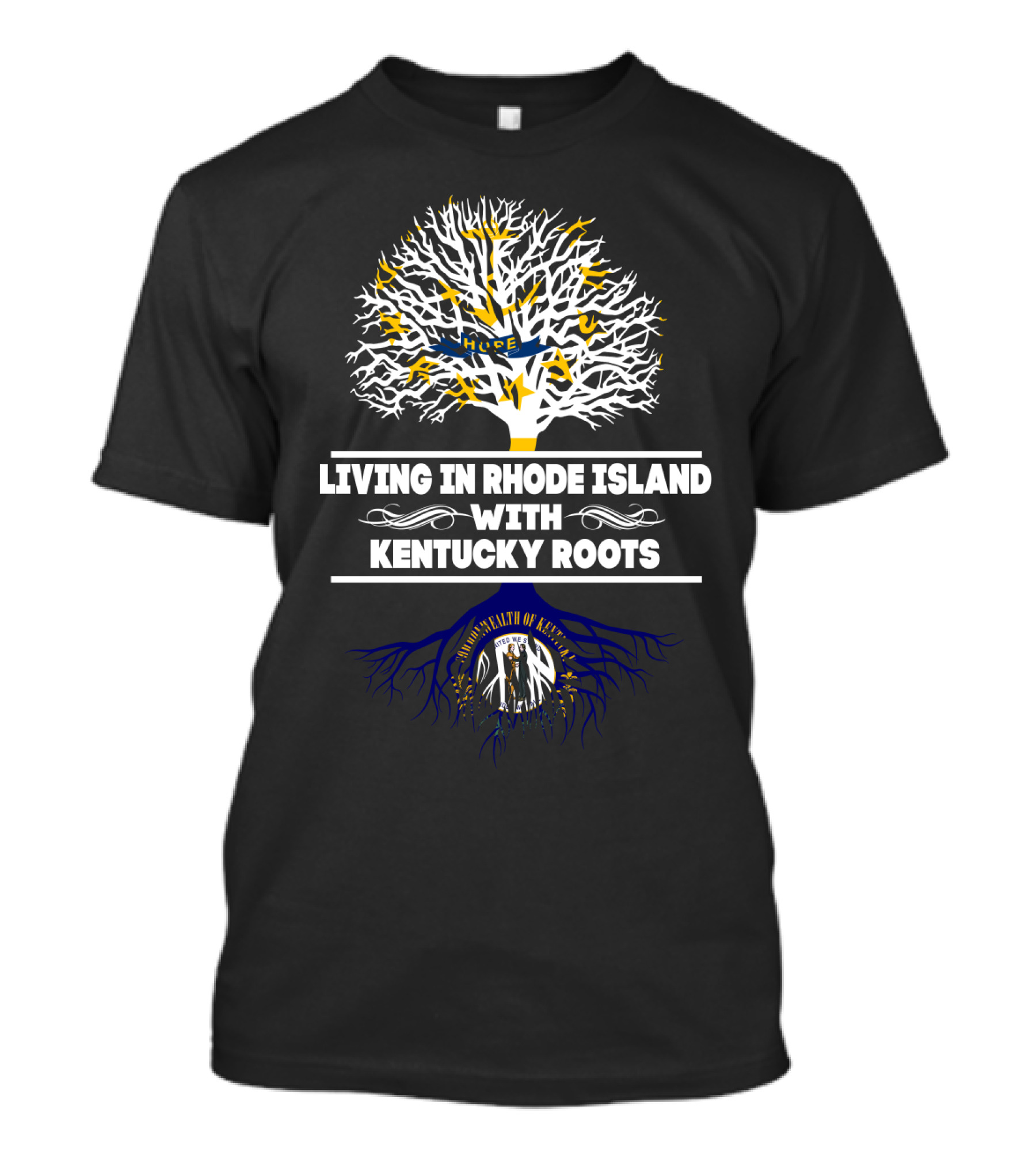 Living In Rhode Island With Kentucky Roots Featuring Commonwealth Of Kentucky Tree T-Shirt