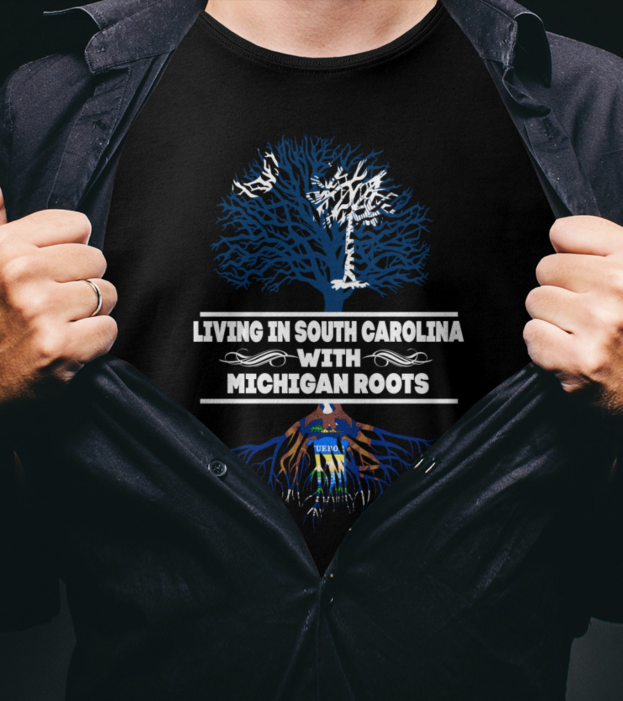 Living In South Carolina With MICHIGAN Roots Tree Design Featuring Palmetto Camouflage And Seal Elements T-Shirt