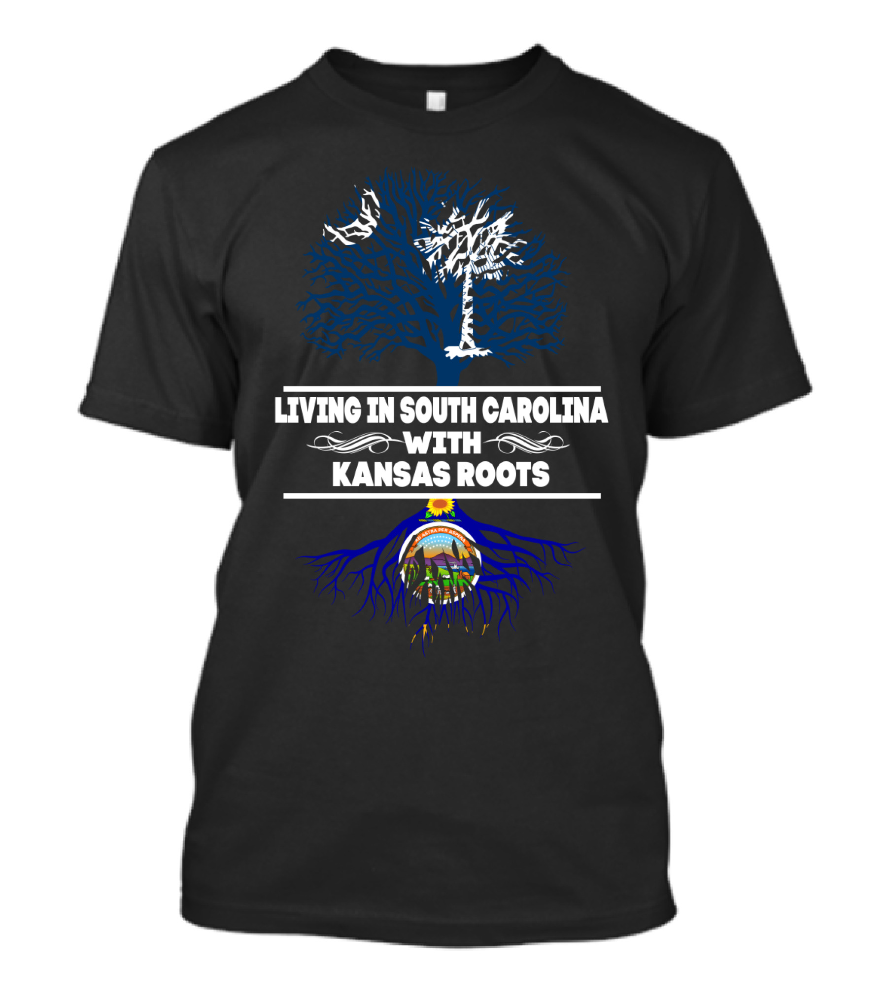 Living In South Carolina With Kansas Roots Tree Design Featuring State Symbols T-Shirt