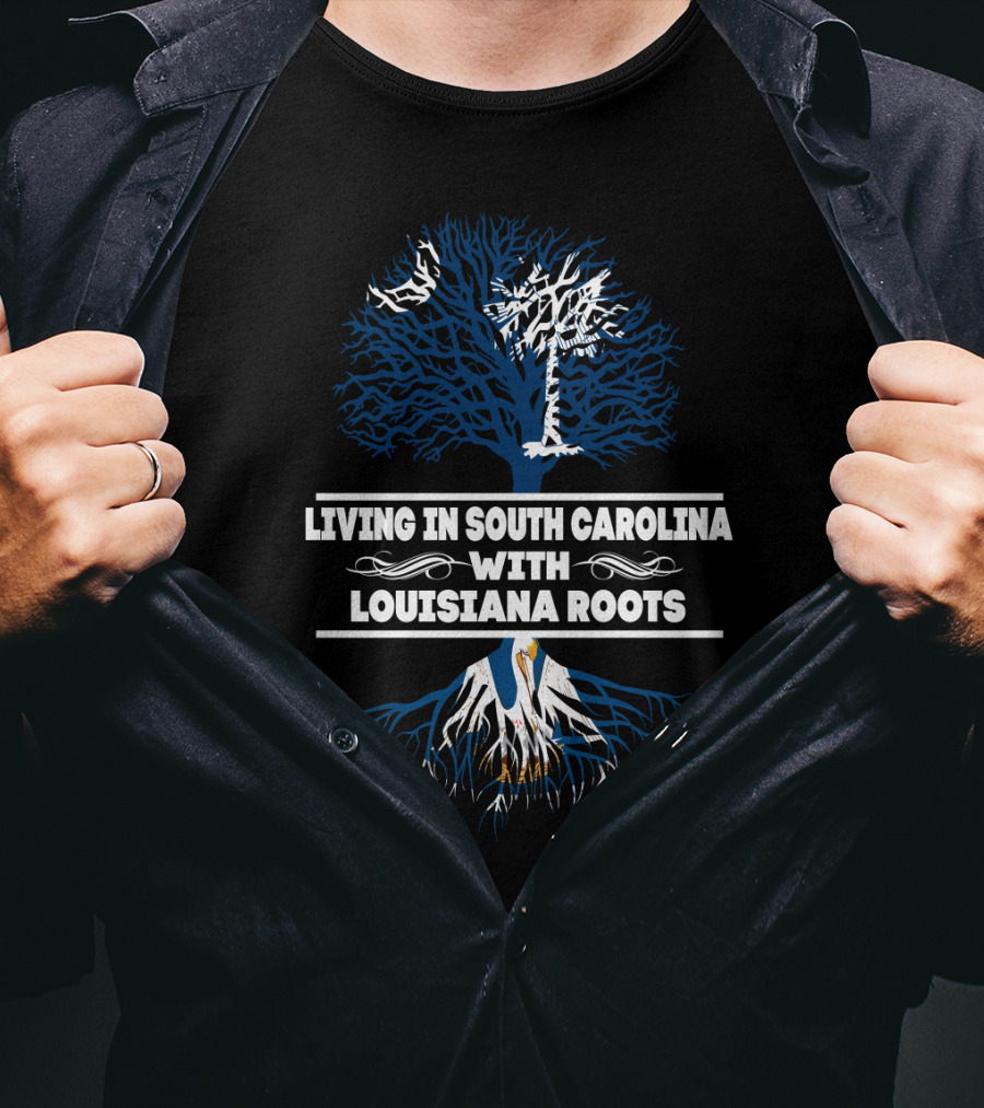 Deep Southern Heritage: Living In South Carolina With Louisiana Roots Featuring Palmetto Tree And Pelican T-Shirt